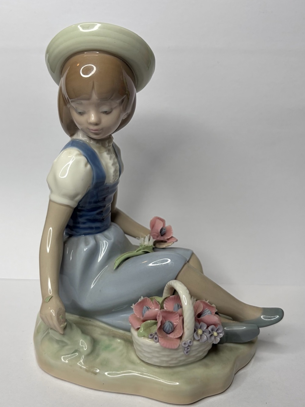 Lladró Porcelain Seated Girl with Flowers Figurine in Blue, Pink and Cream